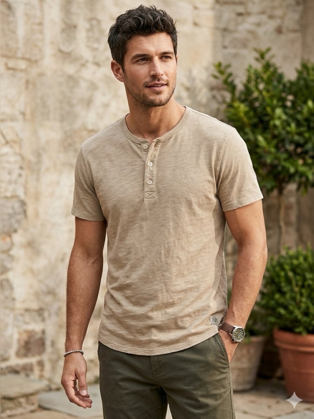American Eagle Outfitters • Tan Beige Short Sleeve Henley Shirt